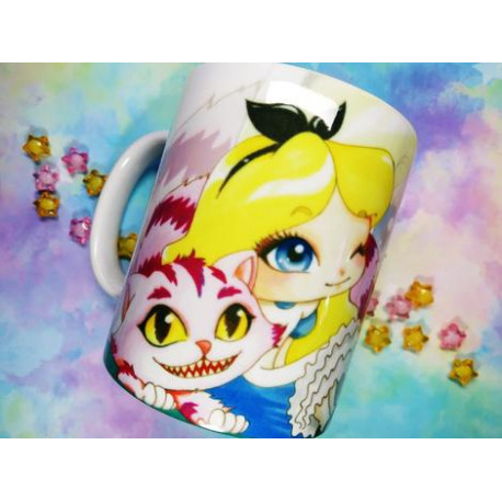 Cute Alice and Cheshire mug taza